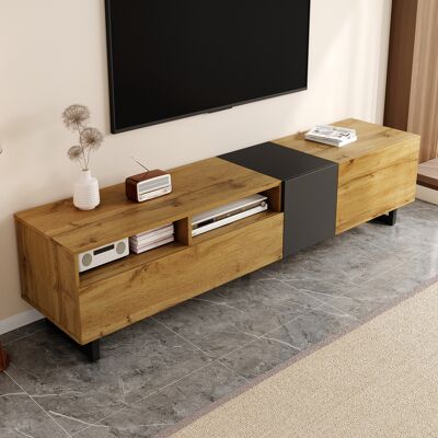 ALLAUVE Meuble Tv Contrasté, Design Simple À Trois Portes Et Deux Tiroirs, Pieds Métalliques En U, Veinage Bois Rétro, Bloc De Couleurs. Publicité ALLAUVE Meuble Tv Contrasté, Design Simple À Trois Portes Et Deux Tiroirs, Pieds Métalliques En U, Veinage Bois Rétro, Bloc De Couleurs. Publicité