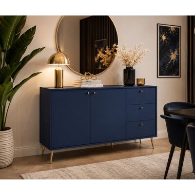 OEM Buffet Bas Bleu Foncé Et Pied Doré 160cm Ezia - Publicité OEM Buffet Bas Bleu Foncé Et Pied Doré 160cm Ezia - Publicité