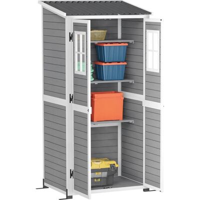OEM Cabane De Jardin En Bois Avec Étagères Réglables, Deux Portes Avec Serrure Et Fenêtres, Gris - Publicité OEM Cabane De Jardin En Bois Avec Étagères Réglables, Deux Portes Avec Serrure Et Fenêtres, Gris - Publicité