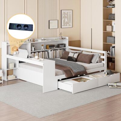 OEM Canapé-lit En Bois Massif, 140 X 200 Cm, Avec Bureau, Bibliothèque, Compartiments Et Étagères De Rangement, Prise Électrique, 2 Grands Compartiments De Rangement, Lit Double Multifonctionnel En Bois - Publicité OEM Canapé-lit En Bois Massif, 140 X 200 Cm, Avec Bureau, Bibliothèque, Compartiments Et Étagères De Rangement, Prise Électrique, 2 Grands Compartiments De Rangement, Lit Double Multifonctionnel En Bois - Publicité