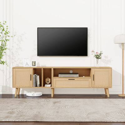 ACKERMAN Meuble Tv Spacieux De 180 Cm Avec Décor En Rotin, 2 Portes Et Un Tiroir, Pieds En Bois Massif, Compatible Avec Un Téléviseur De 80 Pouces. Publicité ACKERMAN Meuble Tv Spacieux De 180 Cm Avec Décor En Rotin, 2 Portes Et Un Tiroir, Pieds En Bois Massif, Compatible Avec Un Téléviseur De 80 Pouces. Publicité