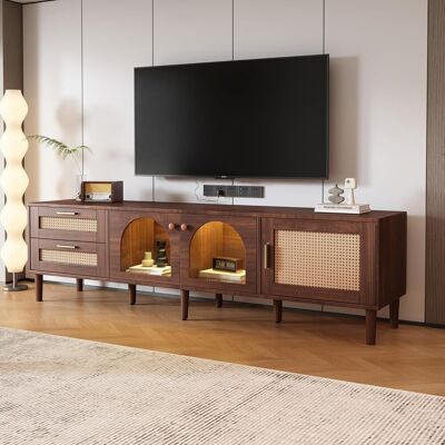 Acavallo Meuble Tv Avec Éclairage Led, 2 Tiroirs En Rotin, 2 Portes En Verre Courbé Et 1 Porte En Rotin, Mdf, 180 X 40 X 50 Cm, Marron - Publicité Acavallo Meuble Tv Avec Éclairage Led, 2 Tiroirs En Rotin, 2 Portes En Verre Courbé Et 1 Porte En Rotin, Mdf, 180 X 40 X 50 Cm, Marron - Publicité