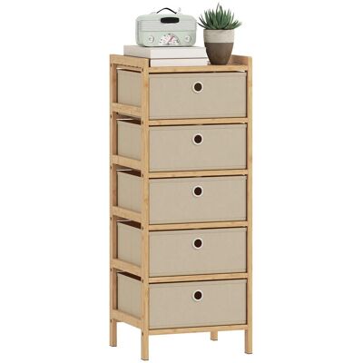 OEM Commode À 5 Tiroirs En Tissu, Structure En Bambou, Idéale Pour Les Petits Espaces, Coloris Crème Et Naturel. Publicité OEM Commode À 5 Tiroirs En Tissu, Structure En Bambou, Idéale Pour Les Petits Espaces, Coloris Crème Et Naturel. Publicité
