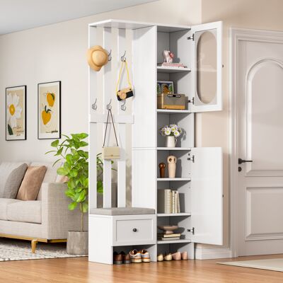 ACKERMAN Armoire Compacte 85 X 33,5 X 200 Cm, Meuble D'Intérieur Avec 2 Placards, Armoire De Rangement En Verre Trempé, Ensemble Armoire Blanche, Meuble D'Entrée, Porte-manteau Avec Banc À Chaussures Et Coussi - Publicité ACKERMAN Armoire Compacte 85 X 33,5 X 200 Cm, Meuble D'Intérieur Avec 2 Placards, Armoire De Rangement En Verre Trempé, Ensemble Armoire Blanche, Meuble D'Entrée, Porte-manteau Avec Banc À Chaussures Et Coussi - Publicité