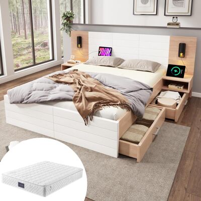 OEM Lit Double En Bois 140×200cm Avec 2 Tiroirs, Lampe De Lecture De Tête De Lit Avec Fonction De Chargement Usb, Lit Moderne Comprenant 2 Tables De Chevet - Publicité OEM Lit Double En Bois 140×200cm Avec 2 Tiroirs, Lampe De Lecture De Tête De Lit Avec Fonction De Chargement Usb, Lit Moderne Comprenant 2 Tables De Chevet - Publicité