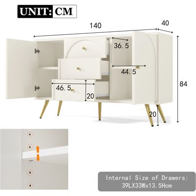 ALLAUVE Commode Blanche Crème 2 Portes 3 Tiroirs, Étagère Ajustable, Pour Chambre Salon, Dimensions H84 X L140 X P40 Cm - Publicité ALLAUVE Commode Blanche Crème 2 Portes 3 Tiroirs, Étagère Ajustable, Pour Chambre Salon, Dimensions H84 X L140 X P40 Cm - Publicité