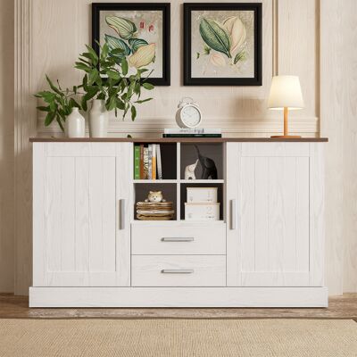 ACKERMAN Buffet 140 X 40 X 79,5 Cm, Veinage Bois Blanc Et Marron - 2 Portes, 2 Tiroirs - Publicité ACKERMAN Buffet 140 X 40 X 79,5 Cm, Veinage Bois Blanc Et Marron - 2 Portes, 2 Tiroirs - Publicité