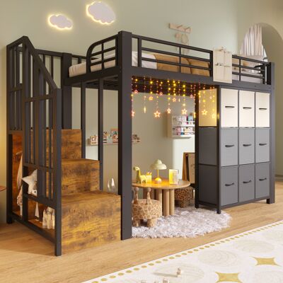 LEMONBEST Lit Mezzanine 90x200 Cm En Métal Avec 9 Tiroirs Et Penderie, Échelle Avec Rangement, Rambarde De Sécurité, Noir - Publicité LEMONBEST Lit Mezzanine 90x200 Cm En Métal Avec 9 Tiroirs Et Penderie, Échelle Avec Rangement, Rambarde De Sécurité, Noir - Publicité