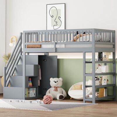 OEM Lit Mezzanine 90 X 200 Cm, Conception Sécurisée Avec Barrière De Sécurité, Penderie, Étagères Et Espace De Rangement, Échelle D'Accès Sécurisée, Lit Multifonctionnel En Bois Massif, Gris - Publicité OEM Lit Mezzanine 90 X 200 Cm, Conception Sécurisée Avec Barrière De Sécurité, Penderie, Étagères Et Espace De Rangement, Échelle D'Accès Sécurisée, Lit Multifonctionnel En Bois Massif, Gris - Publicité