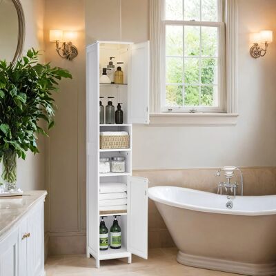 VASAGLE Armoire De Salle De Bain Haute Avec Éclairage, Avec Étagères Réglables, Compartiments Ouverts, Pour Les Petits Espaces, Moderne, Blanc - Publicité VASAGLE Armoire De Salle De Bain Haute Avec Éclairage, Avec Étagères Réglables, Compartiments Ouverts, Pour Les Petits Espaces, Moderne, Blanc - Publicité
