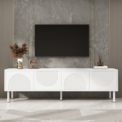 LEMONBEST Meuble Tv Bas 180 X 40 X 52 Cm, Rangement 4 Compartiments Avec Surface Mate, Portes Relief 3d Et Passe-câbles, Mdf Et Panneaux, Blanc - Publicité LEMONBEST Meuble Tv Bas 180 X 40 X 52 Cm, Rangement 4 Compartiments Avec Surface Mate, Portes Relief 3d Et Passe-câbles, Mdf Et Panneaux, Blanc - Publicité
