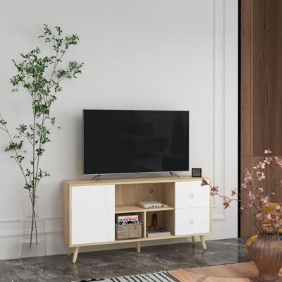 Generic Meuble Tv Pour Télévision Jusqu'à 45 Pouces Pieds En Bois Massif Style Scandinave 3 Niches 1 Placard 120 X 30 X 60 Cm - Publicité Generic Meuble Tv Pour Télévision Jusqu'à 45 Pouces Pieds En Bois Massif Style Scandinave 3 Niches 1 Placard 120 X 30 X 60 Cm - Publicité