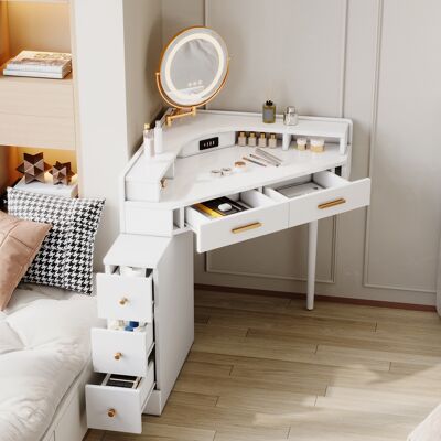 ACKERMAN Coiffeuse D'Angle Moderne Avec Miroir Led Pivotant (intensité Réglable), 5 Tiroirs, Ports Usb Et Usb-c, Blanche - L 105,5 X P 75 X H 120 Cm - Publicité ACKERMAN Coiffeuse D'Angle Moderne Avec Miroir Led Pivotant (intensité Réglable), 5 Tiroirs, Ports Usb Et Usb-c, Blanche - L 105,5 X P 75 X H 120 Cm - Publicité