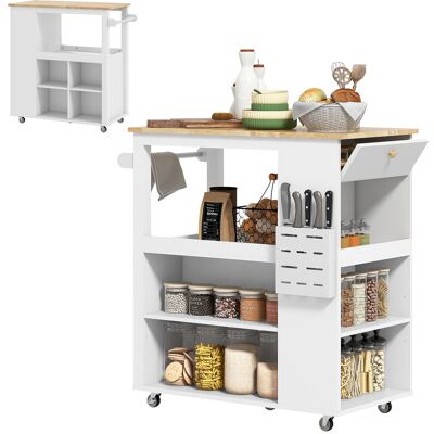 ARRIGONI Desserte Îlot De Cuisine Desserte À Roulettes Plateau En Bois D'Hévéa 4 Étagères Réglables Porte-couteaux Blanc - Publicité ARRIGONI Desserte Îlot De Cuisine Desserte À Roulettes Plateau En Bois D'Hévéa 4 Étagères Réglables Porte-couteaux Blanc - Publicité