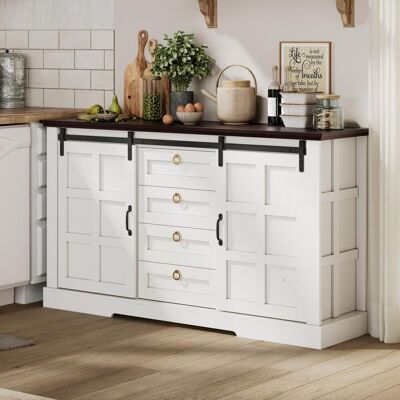 OEM Buffet De 150 X 40 X 85 Cm Avec Espace De Rangement, Portes Coulissantes Et Quatre Tiroirs. Buffet De Style Campagnard Au Charme Vintage Et Étagères Réglables. Convient Aux Cuisines, Salles À Manger E - Publicité OEM Buffet De 150 X 40 X 85 Cm Avec Espace De Rangement, Portes Coulissantes Et Quatre Tiroirs. Buffet De Style Campagnard Au Charme Vintage Et Étagères Réglables. Convient Aux Cuisines, Salles À Manger E - Publicité