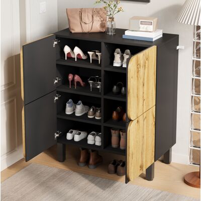 BEAOK Meuble À Chaussures En Mdf Noir Et Naturel, 4 Portes, Tablettes Réglables, Fermeture Amortie, 80 X 38,5 X 95 Cm - Publicité BEAOK Meuble À Chaussures En Mdf Noir Et Naturel, 4 Portes, Tablettes Réglables, Fermeture Amortie, 80 X 38,5 X 95 Cm - Publicité