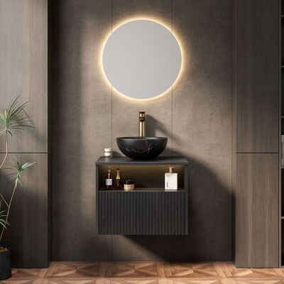 ALOVEZ Lavabo De Salle De Bain Flottant De 60 Cm. Bol En Céramique Effet Pierre Noir, Meuble En Contreplaqué À Motif Rayé (avec Tiroirs Et Étagères), Éclairage À Capteur, Préassemblé, Finition Noire. Publicité ALOVEZ Lavabo De Salle De Bain Flottant De 60 Cm. Bol En Céramique Effet Pierre Noir, Meuble En Contreplaqué À Motif Rayé (avec Tiroirs Et Étagères), Éclairage À Capteur, Préassemblé, Finition Noire. Publicité