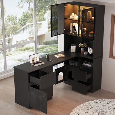 ARRIGONI Bureau D’angle Avec Étagère Et Meuble Vitrine Led 120×80×180 Cm – Bureau Avec Passe-câbles, 3 Tiroirs, 2 Portes, Compartiments Ouverts, Bureau D’angle Avec Bibliothèque Intégrée - Publicité ARRIGONI Bureau D’angle Avec Étagère Et Meuble Vitrine Led 120×80×180 Cm – Bureau Avec Passe-câbles, 3 Tiroirs, 2 Portes, Compartiments Ouverts, Bureau D’angle Avec Bibliothèque Intégrée - Publicité