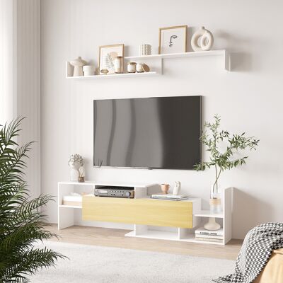 OEM Ensemble De Meubles Tv Pour Salon, Meuble Tv 153,6 X 25 X 42 Cm Et Étagère Murale 150 X 14,5 X 16,3 Cm, Blanc Et Naturel - Publicité OEM Ensemble De Meubles Tv Pour Salon, Meuble Tv 153,6 X 25 X 42 Cm Et Étagère Murale 150 X 14,5 X 16,3 Cm, Blanc Et Naturel - Publicité