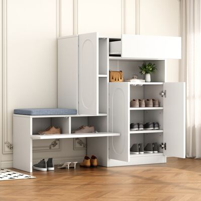 ACKERMAN Meuble À Chaussures Tendance 2 En 1 Avec Portes Incurvées – Porte À Charnières Avec Fermeture Amortie, Compartiments Réglables En Hauteur Et Banquette Rembourrée, Blanc, 130 × 35 × 110 Cm - Publicité ACKERMAN Meuble À Chaussures Tendance 2 En 1 Avec Portes Incurvées – Porte À Charnières Avec Fermeture Amortie, Compartiments Réglables En Hauteur Et Banquette Rembourrée, Blanc, 130 × 35 × 110 Cm - Publicité