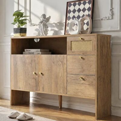 LEMONBEST Commode De Cuisine 105 X 40 X 76 Cm, Meuble De Rangement Avec 2 Portes, 3 Tiroirs, Niche Ouverte Et Façades Rotin, Bois Naturel - Publicité LEMONBEST Commode De Cuisine 105 X 40 X 76 Cm, Meuble De Rangement Avec 2 Portes, 3 Tiroirs, Niche Ouverte Et Façades Rotin, Bois Naturel - Publicité