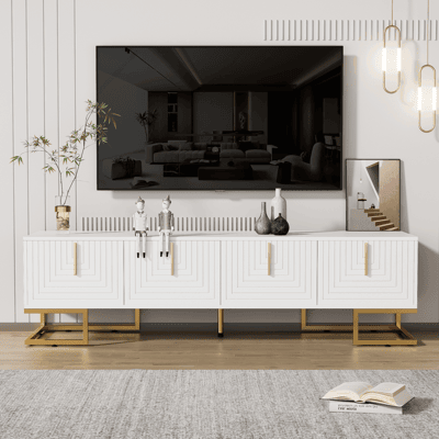 LEMONBEST Meuble Tv Bas 170x40x45.5cm Avec Quatre Portes Rangement Intégré Pieds Dorés Poignées Dorées Blanc - Publicité LEMONBEST Meuble Tv Bas 170x40x45.5cm Avec Quatre Portes Rangement Intégré Pieds Dorés Poignées Dorées Blanc - Publicité