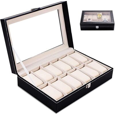 GRASSLIN 1 Boîte De Rangement Pour Montres, 12 Compartiments, Couvercle Avec Miroir, Coussin Amovible, Fermeture En Métal, Usage Domestique - Publicité GRASSLIN 1 Boîte De Rangement Pour Montres, 12 Compartiments, Couvercle Avec Miroir, Coussin Amovible, Fermeture En Métal, Usage Domestique - Publicité