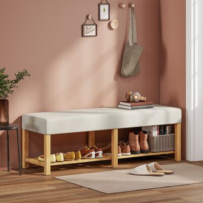 ALLAUVE Banc D'Entrée 140 Cm En Bois Massif Naturel Et Crème, Banquette À Chaussures Moderne Avec Coussin Rembourré Pour Deux Personnes - Publicité ALLAUVE Banc D'Entrée 140 Cm En Bois Massif Naturel Et Crème, Banquette À Chaussures Moderne Avec Coussin Rembourré Pour Deux Personnes - Publicité