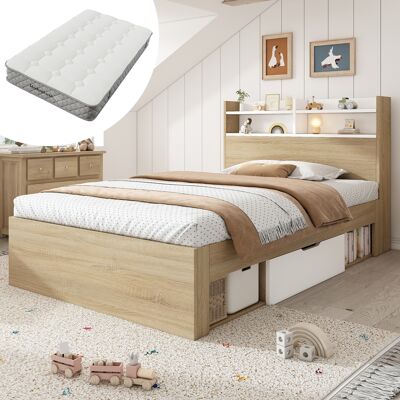 ACKERMAN Lit Simple En Bois 90x200 Blanc/chêne, Lit Bicolore Avec Étagère De Tête De Lit, 2 Tiroirs Et Compartiments Ouverts, Partiellement En Bois Massif, Lit De Rangement Pratique Pour Petites Chambres, Avec - Publicité ACKERMAN Lit Simple En Bois 90x200 Blanc/chêne, Lit Bicolore Avec Étagère De Tête De Lit, 2 Tiroirs Et Compartiments Ouverts, Partiellement En Bois Massif, Lit De Rangement Pratique Pour Petites Chambres, Avec - Publicité