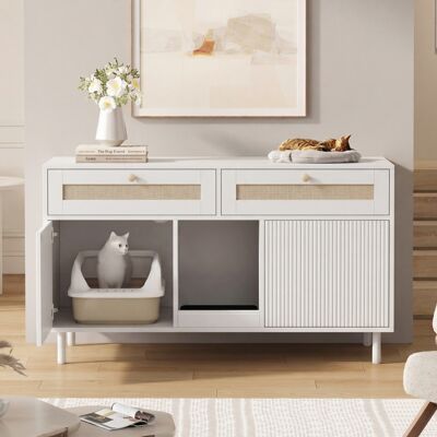 ALLAUVE Meuble Pour Chat Avec Tiroir En Rotin, Commode À Litière Anti-éclaboussures, Armoire Tv/petite Étagère, Sans Bac, Blanc, 120x50x65 Cm - Publicité ALLAUVE Meuble Pour Chat Avec Tiroir En Rotin, Commode À Litière Anti-éclaboussures, Armoire Tv/petite Étagère, Sans Bac, Blanc, 120x50x65 Cm - Publicité