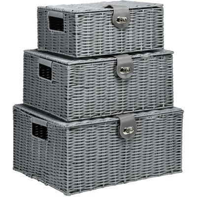 ARRIGONI Lot De 3 Paniers De Rangement En Rotin Pe Avec Couvercle Et Poignees Gris - Publicité ARRIGONI Lot De 3 Paniers De Rangement En Rotin Pe Avec Couvercle Et Poignees Gris - Publicité