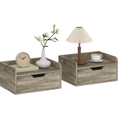 OEM Lot De 2 Tables De Chevet Murales. Tables De Nuit Avec Tiroir Et Plateau À Rebords Surélevés. 40x30x19.5cm. Gris - Publicité OEM Lot De 2 Tables De Chevet Murales. Tables De Nuit Avec Tiroir Et Plateau À Rebords Surélevés. 40x30x19.5cm. Gris - Publicité
