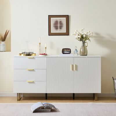 LEMONBEST Buffet 160x40x81,5 Cm Avec 2 Portes Et 3 Tiroirs, Poignées Dorées, Pieds Métal, Mdf, Blanc - Publicité LEMONBEST Buffet 160x40x81,5 Cm Avec 2 Portes Et 3 Tiroirs, Poignées Dorées, Pieds Métal, Mdf, Blanc - Publicité