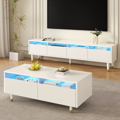 ACKERMAN Ensemble De Meubles Modernes À Éclairage Led : Meuble Tv Quatre Portes Et Table Basse À Deux Tiroirs – Blanc Avec Détails Dorés, Éclairage Led, Structure Ondulée Et Façades En Acrylique Pour Un Style - Publicité ACKERMAN Ensemble De Meubles Modernes À Éclairage Led : Meuble Tv Quatre Portes Et Table Basse À Deux Tiroirs – Blanc Avec Détails Dorés, Éclairage Led, Structure Ondulée Et Façades En Acrylique Pour Un Style - Publicité