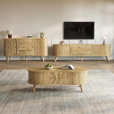OEM Ensemble De Salon 3 Pièces : Table Basse, Buffet, Meuble Tv Forme Arrondie Portes Coulissantes Aspect Bois Pieds En Bois - Publicité OEM Ensemble De Salon 3 Pièces : Table Basse, Buffet, Meuble Tv Forme Arrondie Portes Coulissantes Aspect Bois Pieds En Bois - Publicité
