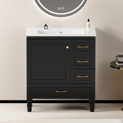 ACKERMAN Armoire De Salle De Bain 75cm En Noir. Armoire À Rangement Généreux - 1 Porte À Fermeture Douce Et 3 Tiroirs - Publicité ACKERMAN Armoire De Salle De Bain 75cm En Noir. Armoire À Rangement Généreux - 1 Porte À Fermeture Douce Et 3 Tiroirs - Publicité