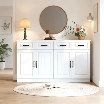 LIBERTÉ Buffet Blanc 160cm Mdf 4 Tiroirs 4 Portes Design Rainuré - Publicité LIBERTÉ Buffet Blanc 160cm Mdf 4 Tiroirs 4 Portes Design Rainuré - Publicité
