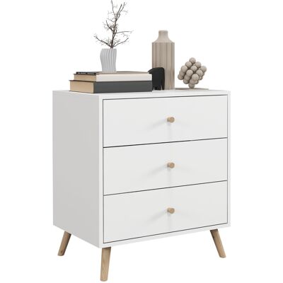 OEM Commode 3 Tiroirs Design Scandinave Meuble De Rangement Chambre Mdf Blanc Poignée Piètement Effilé Bois Massif Pin - Publicité OEM Commode 3 Tiroirs Design Scandinave Meuble De Rangement Chambre Mdf Blanc Poignée Piètement Effilé Bois Massif Pin - Publicité