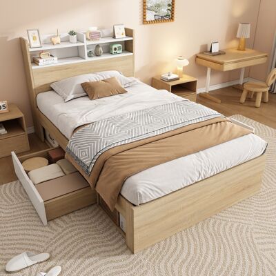 ACKERMAN Lit Simple En Bois 90x200 Blanc/chêne, Lit Bicolore Avec Étagère De Tête De Lit, 2 Tiroirs Et Compartiments Ouverts, Partiellement En Bois Massif, Lit De Rangement Pratique Pour Petites Chambres, Mate - Publicité ACKERMAN Lit Simple En Bois 90x200 Blanc/chêne, Lit Bicolore Avec Étagère De Tête De Lit, 2 Tiroirs Et Compartiments Ouverts, Partiellement En Bois Massif, Lit De Rangement Pratique Pour Petites Chambres, Mate - Publicité