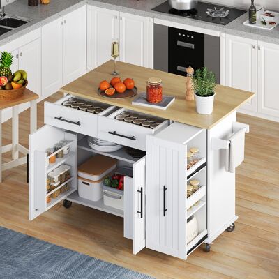 ACKERMAN Îlot De Cuisine Avec Abattant, Desserte Avec Organiseur Coulissant À 3 Niveaux, Étagère De Rangement Interne, Chariot À Roulettes Avec Porte-serviettes Et 2 Tiroirs Pour La Salle À Manger, Blanc - Publicité ACKERMAN Îlot De Cuisine Avec Abattant, Desserte Avec Organiseur Coulissant À 3 Niveaux, Étagère De Rangement Interne, Chariot À Roulettes Avec Porte-serviettes Et 2 Tiroirs Pour La Salle À Manger, Blanc - Publicité