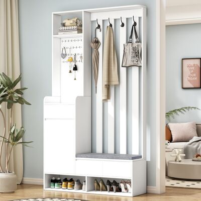 ACKERMAN Armoire D'Entrée Avec Banquette De Rangement Rembourrée, Meuble À Chaussures Multifonctionnel Avec Panneau Perforé, Armoire Moderne Avec 4 Crochets Pour L'Entrée Ou La Buanderie, Blanc, H 180/l 100/p - Publicité ACKERMAN Armoire D'Entrée Avec Banquette De Rangement Rembourrée, Meuble À Chaussures Multifonctionnel Avec Panneau Perforé, Armoire Moderne Avec 4 Crochets Pour L'Entrée Ou La Buanderie, Blanc, H 180/l 100/p - Publicité