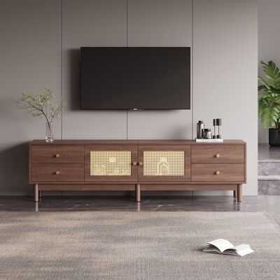 ACKERMAN Meuble Tv De 180 Cm De Long, Aspect Bois Foncé, Avec Deux Portes En Rotin, Quatre Tiroirs, Système De Gestion Des Câbles Et Charnières Hydrauliques – Convient Aux Téléviseurs Jusqu'à 80 Pouces. Publicité ACKERMAN Meuble Tv De 180 Cm De Long, Aspect Bois Foncé, Avec Deux Portes En Rotin, Quatre Tiroirs, Système De Gestion Des Câbles Et Charnières Hydrauliques – Convient Aux Téléviseurs Jusqu'à 80 Pouces. Publicité
