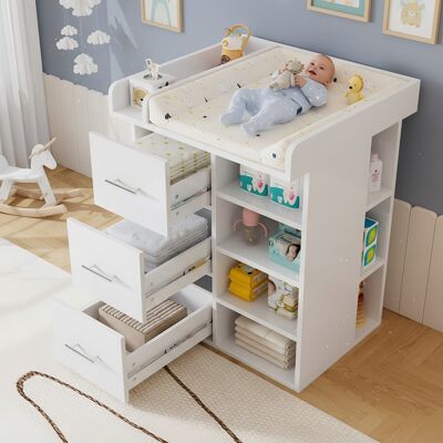 OEM Table À Langer Blanche Avec 3 Tiroirs, Beaucoup D'Espace De Rangement Y Compris Des Rangements Latéraux, Des Étagères Réglables Et Un Espace À Langer Avec Séparateurs. Publicité OEM Table À Langer Blanche Avec 3 Tiroirs, Beaucoup D'Espace De Rangement Y Compris Des Rangements Latéraux, Des Étagères Réglables Et Un Espace À Langer Avec Séparateurs. Publicité