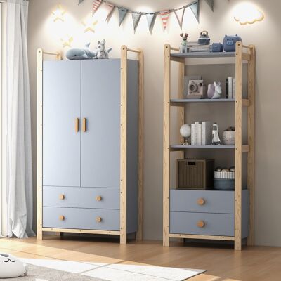 ALLAUVE Armoire Combinée Enfant Avec Porte-manteaux, Étagère Et Tiroirs, Cadre En Épicéa, Coloris Bleu Et Bois Naturel, Hauteur 180 Cm, Meuble Rangement Double Porte Avec Barre À Vêtements - Publicité ALLAUVE Armoire Combinée Enfant Avec Porte-manteaux, Étagère Et Tiroirs, Cadre En Épicéa, Coloris Bleu Et Bois Naturel, Hauteur 180 Cm, Meuble Rangement Double Porte Avec Barre À Vêtements - Publicité