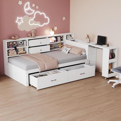OEM Canapé-lit En Bois 90 X 200 Cm, Espace De Rangement Multifonctionnel, Compartiments Et Étagères Dissimulés, 2 Grands Tiroirs, Prise Électrique Multifonctionnelle, Bureau Escamotable, Lit Simple - Publicité OEM Canapé-lit En Bois 90 X 200 Cm, Espace De Rangement Multifonctionnel, Compartiments Et Étagères Dissimulés, 2 Grands Tiroirs, Prise Électrique Multifonctionnelle, Bureau Escamotable, Lit Simple - Publicité