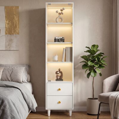 CHINGNIMON Vitrine Bibliothèque 40x35x165 Cm Blanche Avec Led, Portes En Verre, 2 Tiroirs Et Poignées Dorées - Publicité CHINGNIMON Vitrine Bibliothèque 40x35x165 Cm Blanche Avec Led, Portes En Verre, 2 Tiroirs Et Poignées Dorées - Publicité