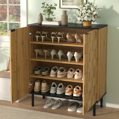 LEMONBEST Meuble À Chaussures 80x35x91,5 Cm 2 Portes Design Mosaïque, Étagères Réglables, Pieds Métal, Aspect Bois, Naturel - Publicité LEMONBEST Meuble À Chaussures 80x35x91,5 Cm 2 Portes Design Mosaïque, Étagères Réglables, Pieds Métal, Aspect Bois, Naturel - Publicité