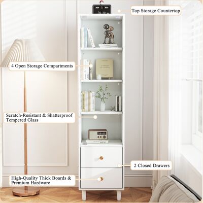 MIDUODUO Vitrine Led Avec Portes Vitrées Et 2 Tiroirs,style Moderne Poignées Dorées. Couleur Blanc,dimensions H165/w40/d35cm Pour Objets De Collection. Publicité MIDUODUO Vitrine Led Avec Portes Vitrées Et 2 Tiroirs,style Moderne Poignées Dorées. Couleur Blanc,dimensions H165/w40/d35cm Pour Objets De Collection. Publicité
