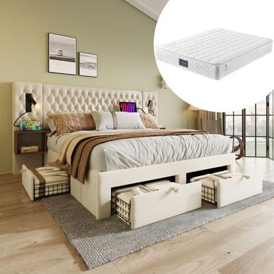 OEM (=abma260890b) Ensemble De Chambre À Coucher, Lit Double Capitonné 160×200 Cm Avec 2 Tables De Chevet Et 4 Tiroirs, Lampe De Lecture De Tête De Lit Avec Fonction De Chargement Usb, Beige, Velours (ave - Publicité OEM (=abma260890b) Ensemble De Chambre À Coucher, Lit Double Capitonné 160×200 Cm Avec 2 Tables De Chevet Et 4 Tiroirs, Lampe De Lecture De Tête De Lit Avec Fonction De Chargement Usb, Beige, Velours (ave - Publicité