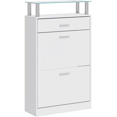 DESIGN IN Armoire À Chaussure Meuble À Chaussures Avec Tiroir Et Plateau En Verre Bois Blanc - Publicité DESIGN IN Armoire À Chaussure Meuble À Chaussures Avec Tiroir Et Plateau En Verre Bois Blanc - Publicité